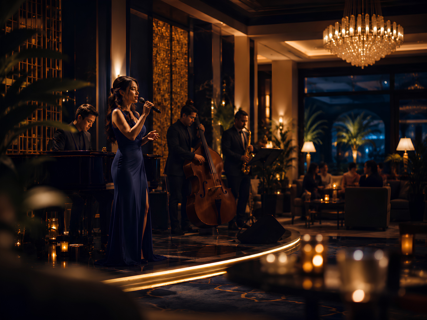 Luxury hospitality lounge with live entertainment atmosphere